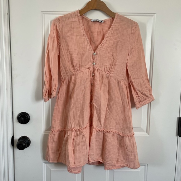 Zara Pink Cotton & Linen Blend Tiered Mini Dress Size S - Picture 4 of 8